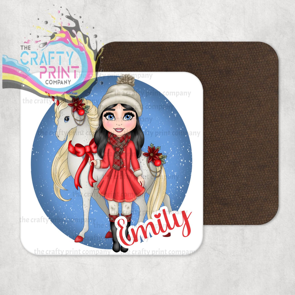 Unicorn Christmas Girl Personalised Coaster - Black Hair