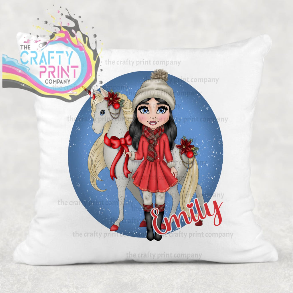 Unicorn Christmas Girl Personalised Cushion - Black Hair