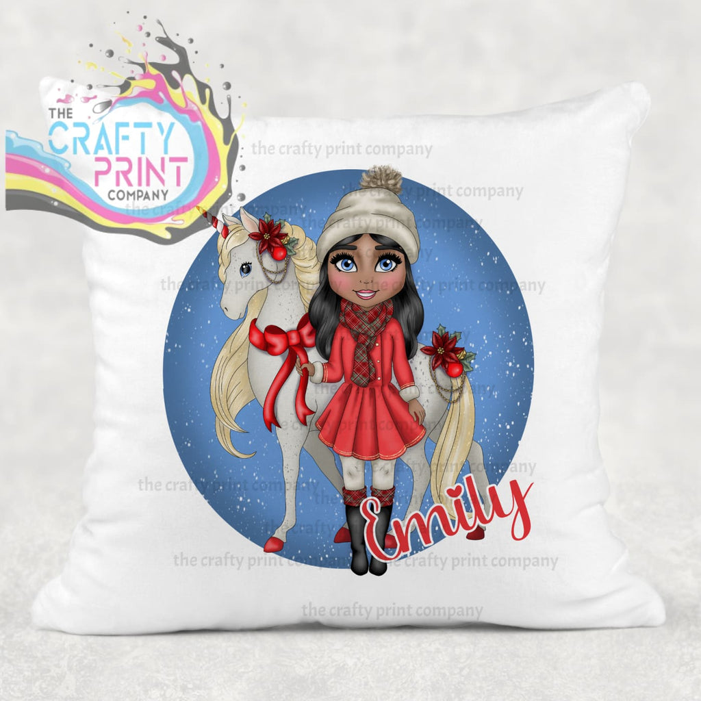 Unicorn Christmas Girl Personalised Cushion - Black Hair