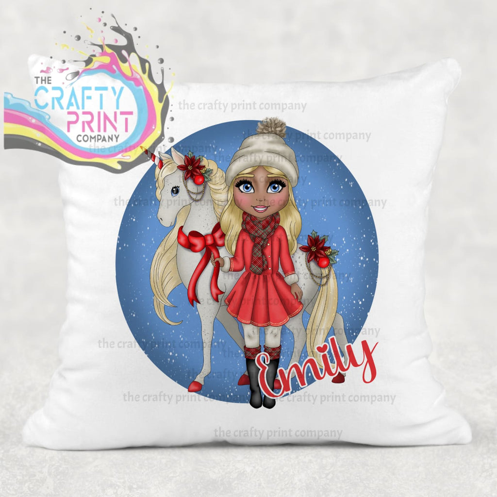 Unicorn Christmas Girl Personalised Cushion - Blonde Hair