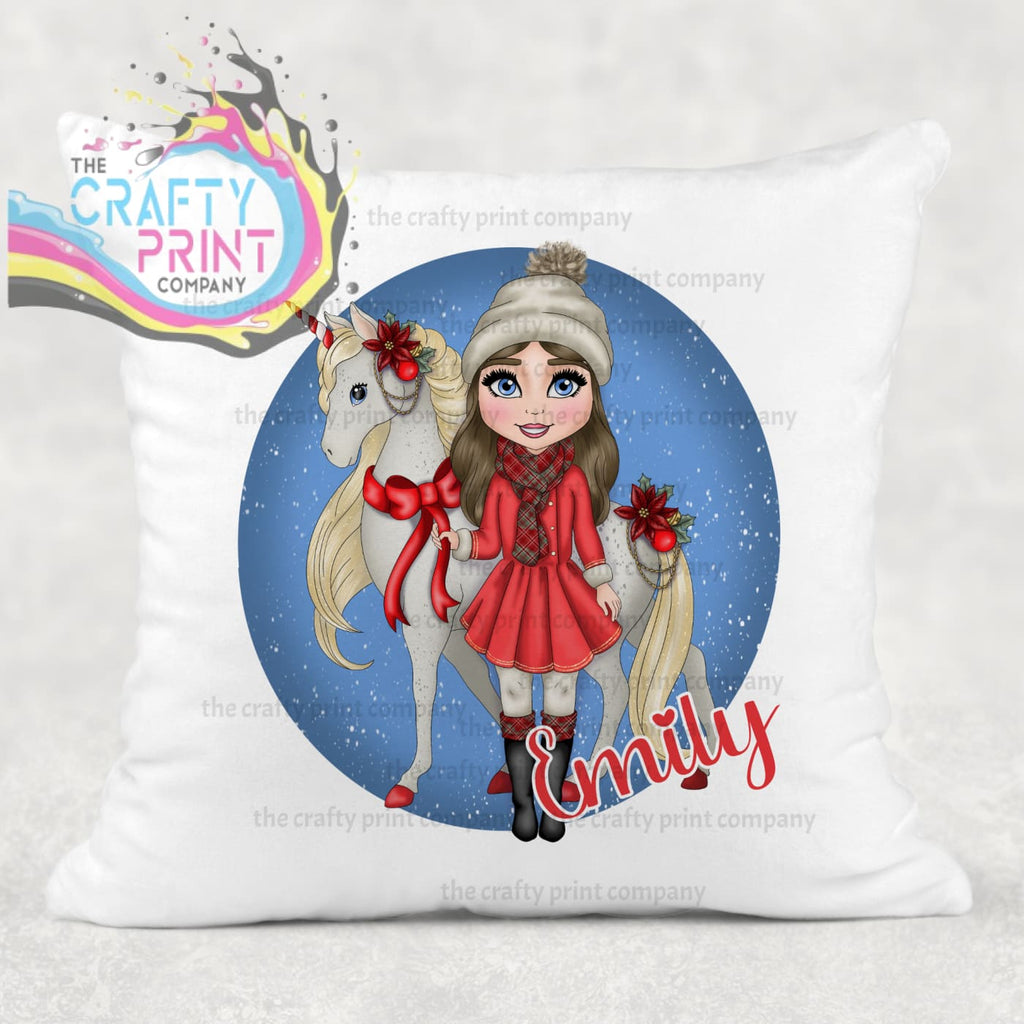 Unicorn Christmas Girl Personalised Cushion - Brown Hair