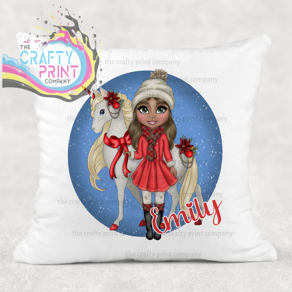 Unicorn Christmas Girl Personalised Cushion - Brown Hair