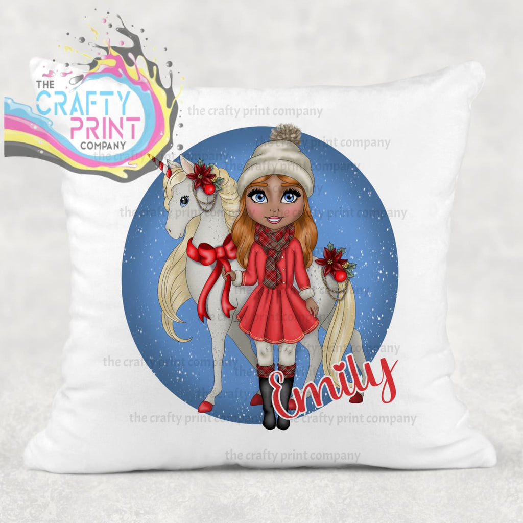 Unicorn Christmas Girl Personalised Cushion - Red Hair Dark