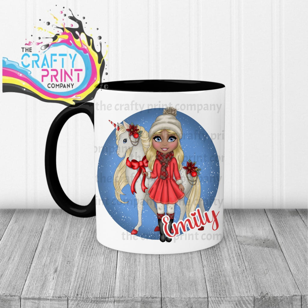 Unicorn Christmas Girl Personalised Mug - Black Handle & 