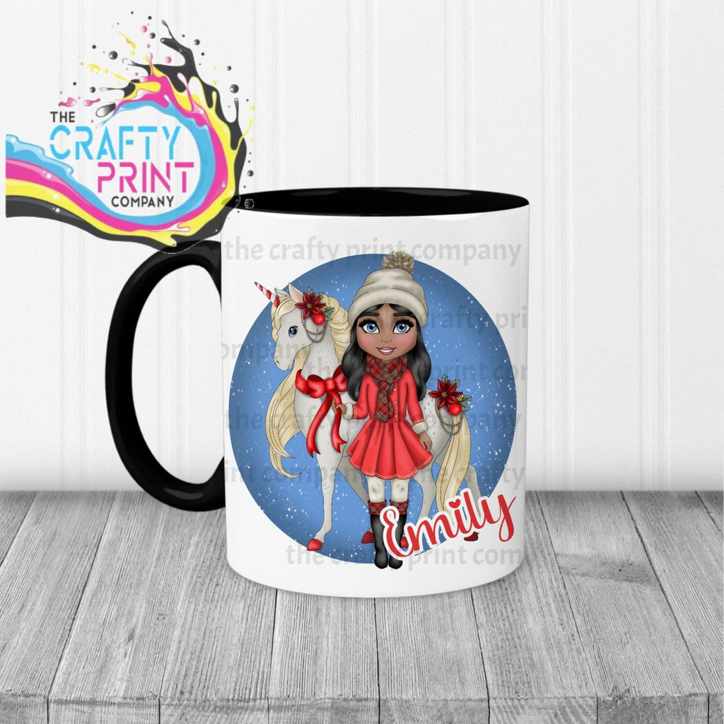 Unicorn Christmas Girl Personalised Mug - Black Handle & 