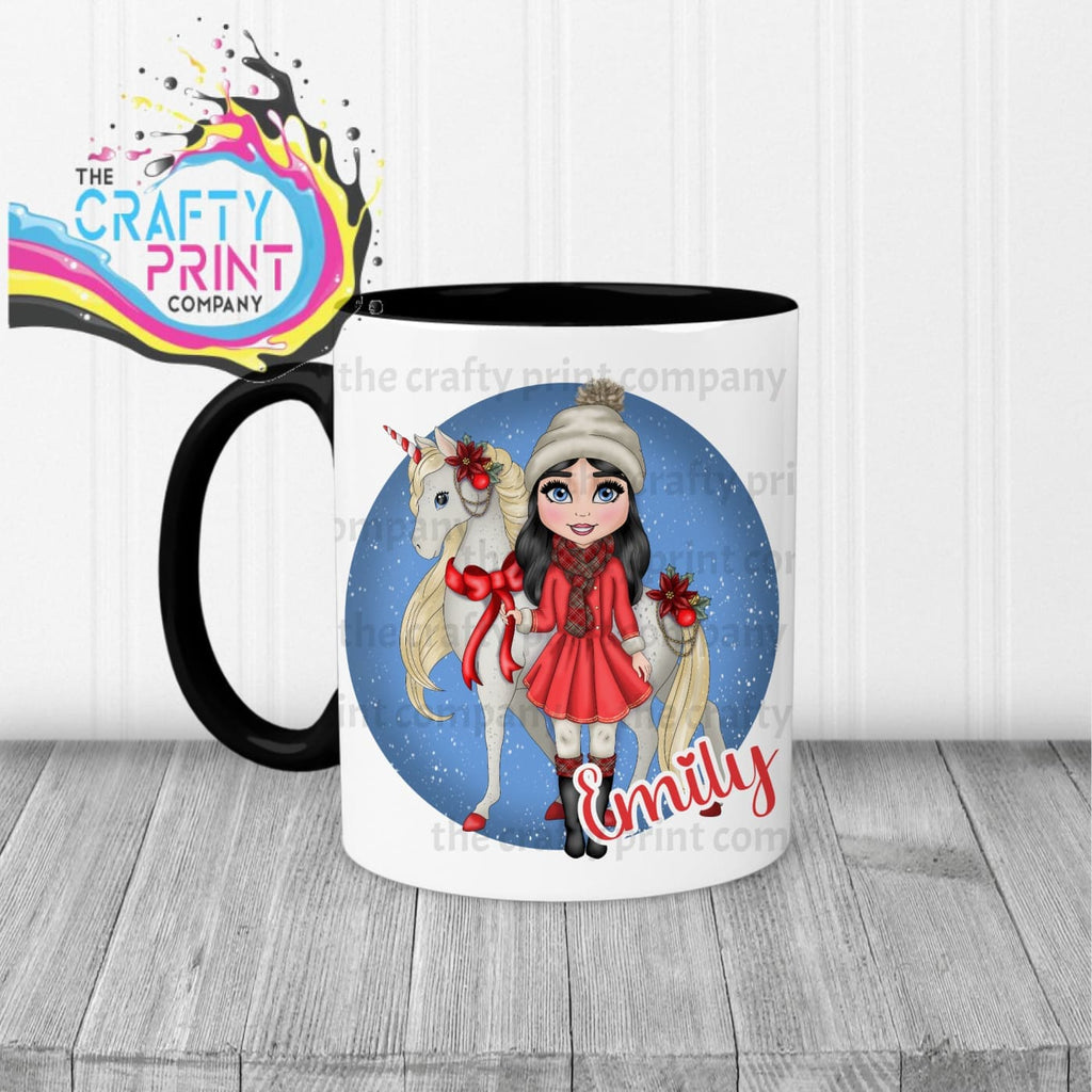 Unicorn Christmas Girl Personalised Mug - Black Handle & 