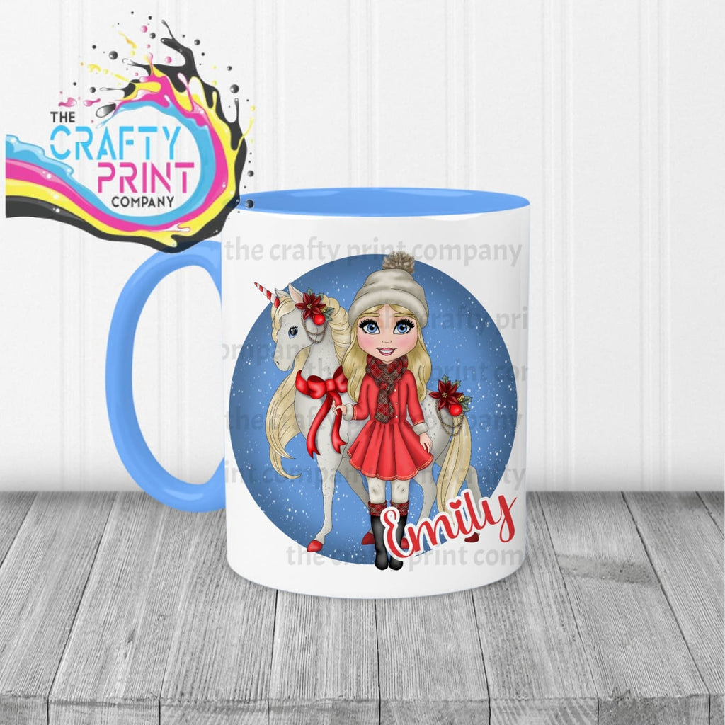 Unicorn Christmas Girl Personalised Mug - Blue Handle & 