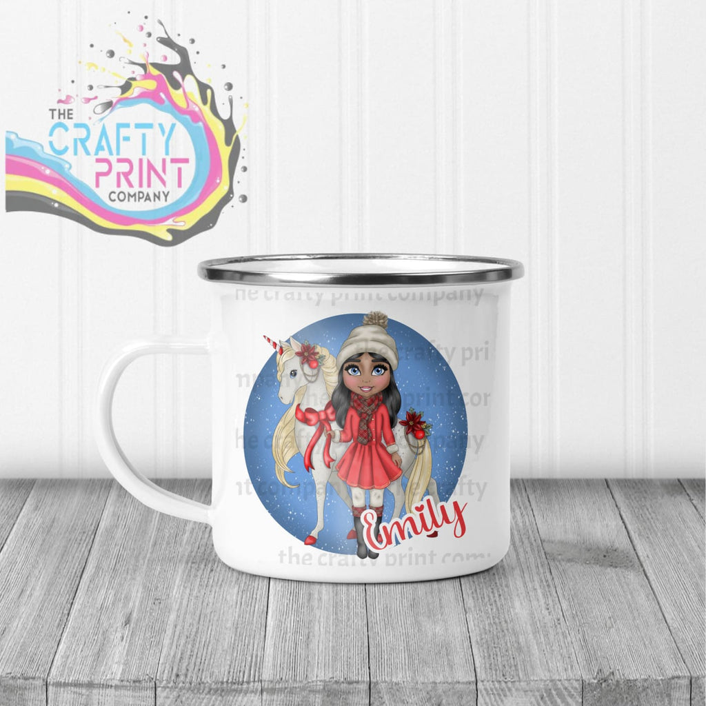 Unicorn Christmas Girl Personalised Mug - Enamel / Black 