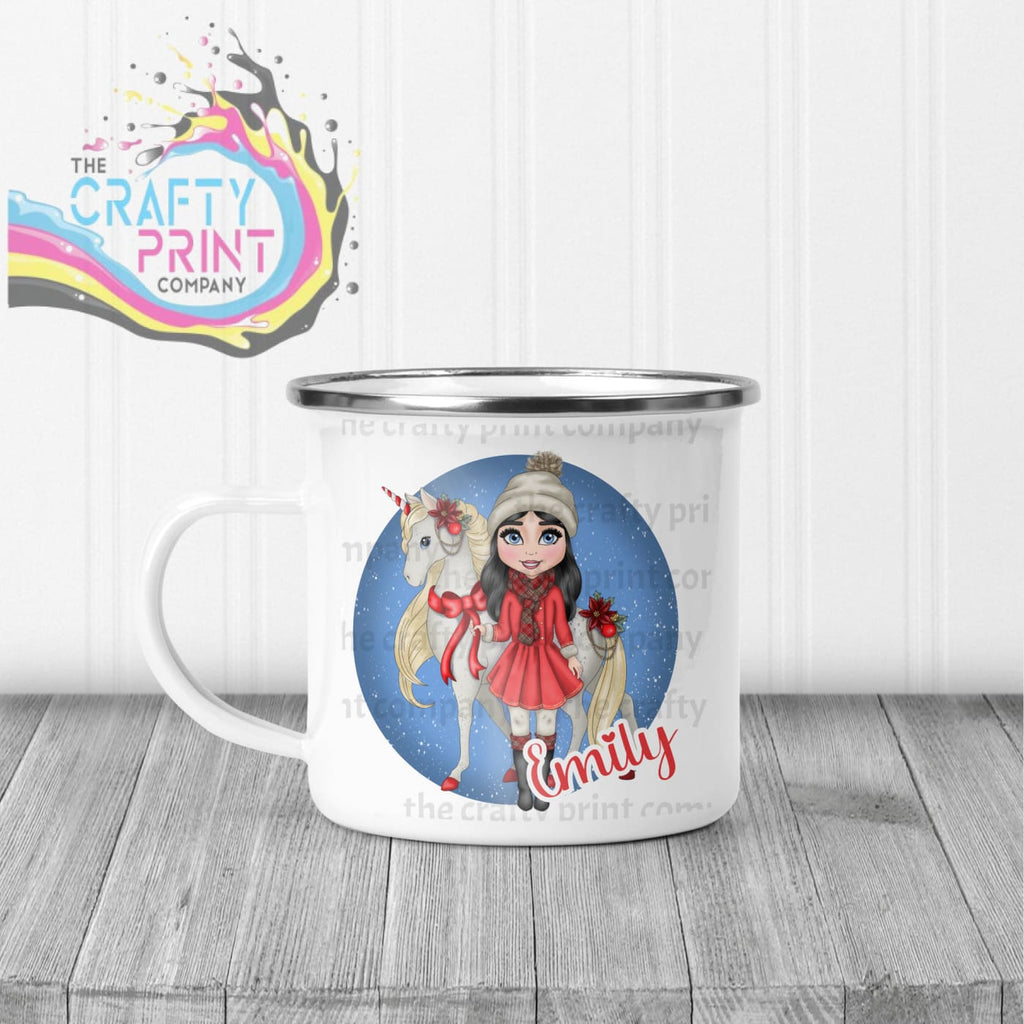 Unicorn Christmas Girl Personalised Mug - Enamel / Black 