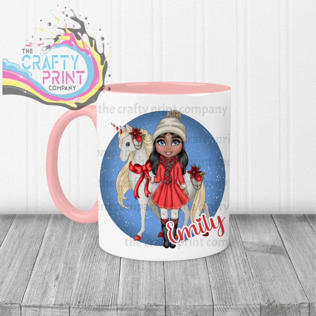 Unicorn Christmas Girl Personalised Mug - Pink Handle & 