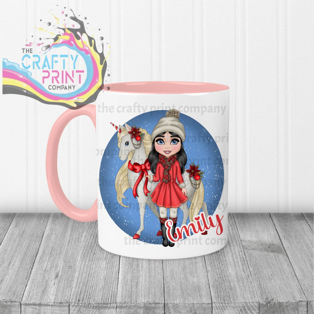 Unicorn Christmas Girl Personalised Mug - Pink Handle & 