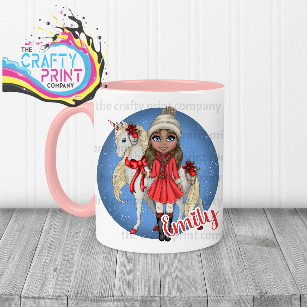 Unicorn Christmas Girl Personalised Mug - Pink Handle & 