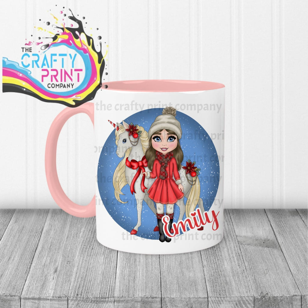 Unicorn Christmas Girl Personalised Mug - Pink Handle & 