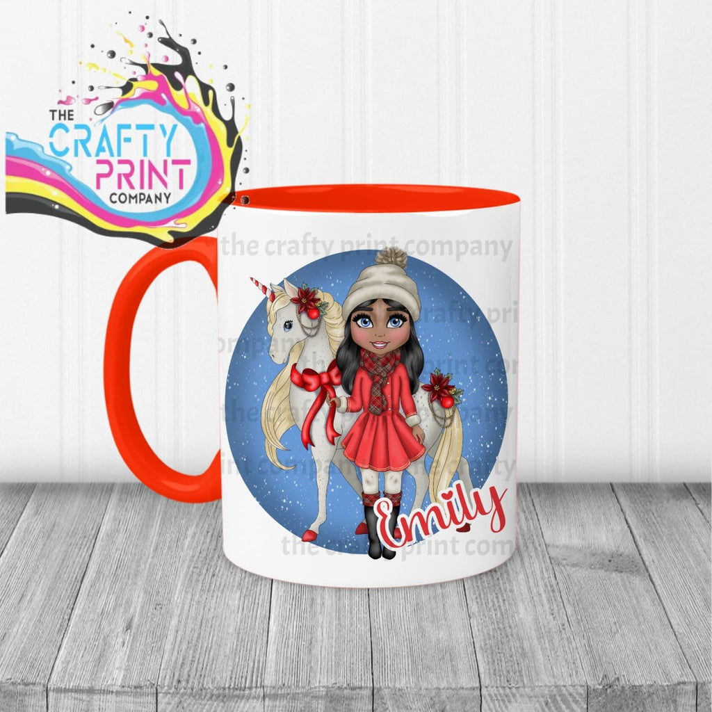 Unicorn Christmas Girl Personalised Mug - Red Handle & Inner