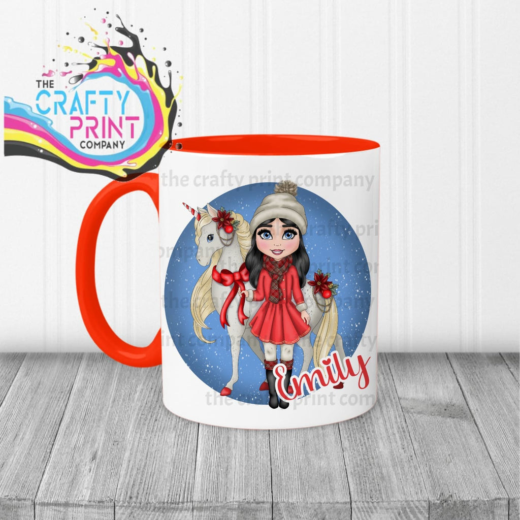 Unicorn Christmas Girl Personalised Mug - Red Handle & Inner