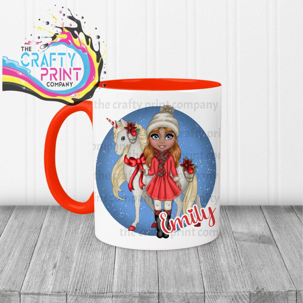 Unicorn Christmas Girl Personalised Mug - Red Handle & Inner